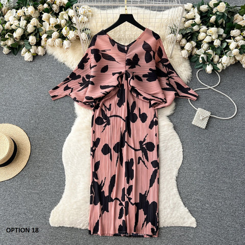 New Summer Fashion Elegant V Neck Lantern Sleeve Elastic Waist Pleated Floral Print Loose Long Dress CODE: KAR2570