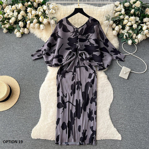 New Summer Fashion Elegant V Neck Lantern Sleeve Elastic Waist Pleated Floral Print Loose Long Dress CODE: KAR2570
