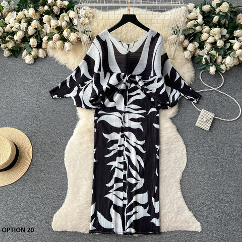 New Summer Fashion Elegant V Neck Lantern Sleeve Elastic Waist Pleated Floral Print Loose Long Dress CODE: KAR2570