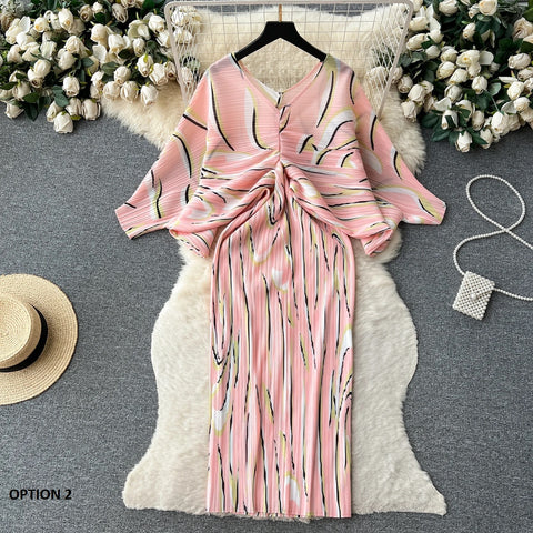 New Summer Fashion Elegant V Neck Lantern Sleeve Elastic Waist Pleated Floral Print Loose Long Dress CODE: KAR2570