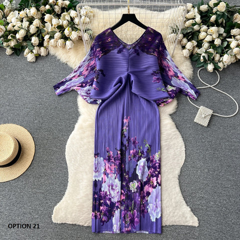 New Summer Fashion Elegant V Neck Lantern Sleeve Elastic Waist Pleated Floral Print Loose Long Dress CODE: KAR2570