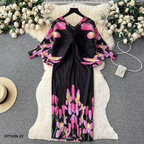 New Summer Fashion Elegant V Neck Lantern Sleeve Elastic Waist Pleated Floral Print Loose Long Dress CODE: KAR2570