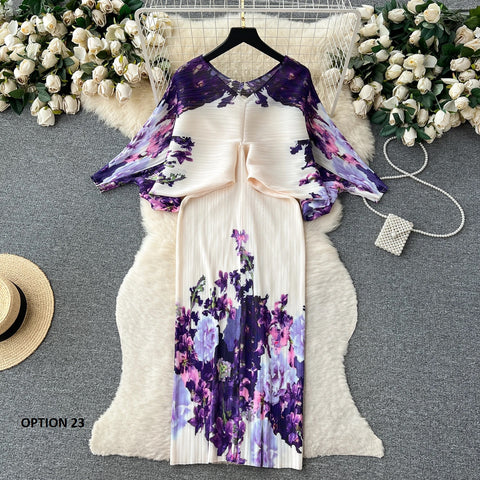 New Summer Fashion Elegant V Neck Lantern Sleeve Elastic Waist Pleated Floral Print Loose Long Dress CODE: KAR2570