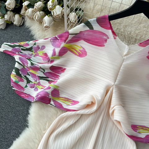 New Summer Fashion Elegant V Neck Lantern Sleeve Elastic Waist Pleated Floral Print Loose Long Dress CODE: KAR2570