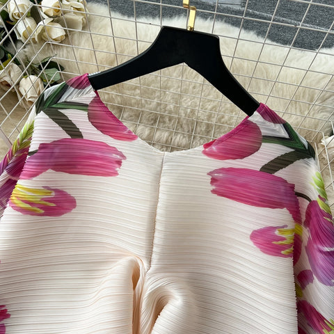 New Summer Fashion Elegant V Neck Lantern Sleeve Elastic Waist Pleated Floral Print Loose Long Dress CODE: KAR2570