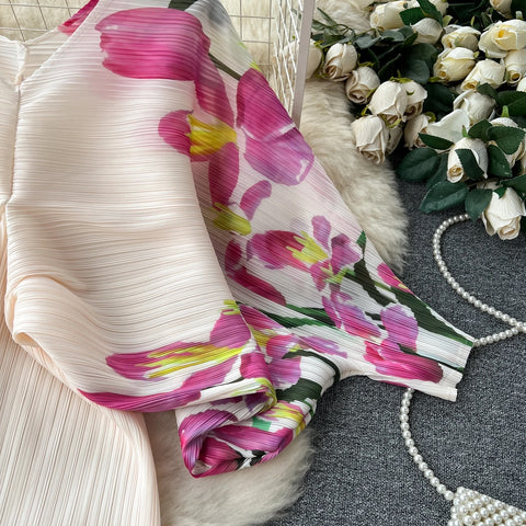 New Summer Fashion Elegant V Neck Lantern Sleeve Elastic Waist Pleated Floral Print Loose Long Dress CODE: KAR2570