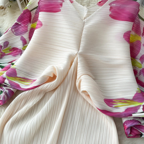 New Summer Fashion Elegant V Neck Lantern Sleeve Elastic Waist Pleated Floral Print Loose Long Dress CODE: KAR2570