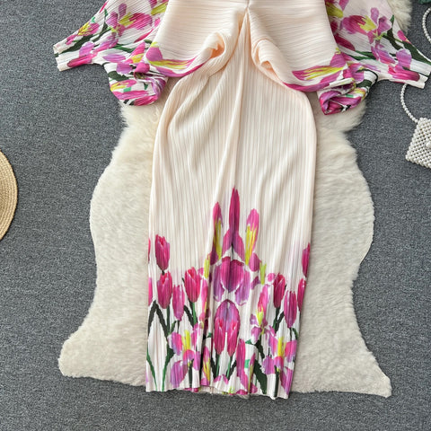 New Summer Fashion Elegant V Neck Lantern Sleeve Elastic Waist Pleated Floral Print Loose Long Dress CODE: KAR2570