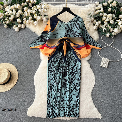 New Summer Fashion Elegant V Neck Lantern Sleeve Elastic Waist Pleated Floral Print Loose Long Dress CODE: KAR2570