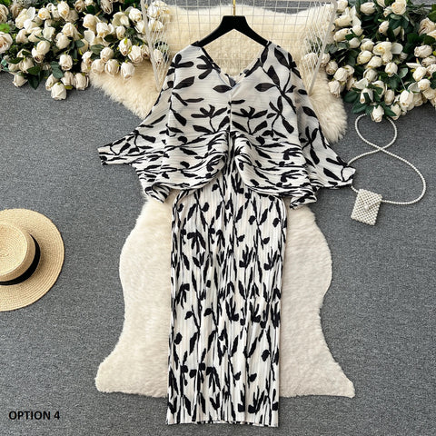 New Summer Fashion Elegant V Neck Lantern Sleeve Elastic Waist Pleated Floral Print Loose Long Dress CODE: KAR2570
