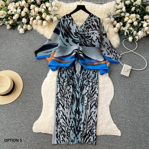 New Summer Fashion Elegant V Neck Lantern Sleeve Elastic Waist Pleated Floral Print Loose Long Dress CODE: KAR2570