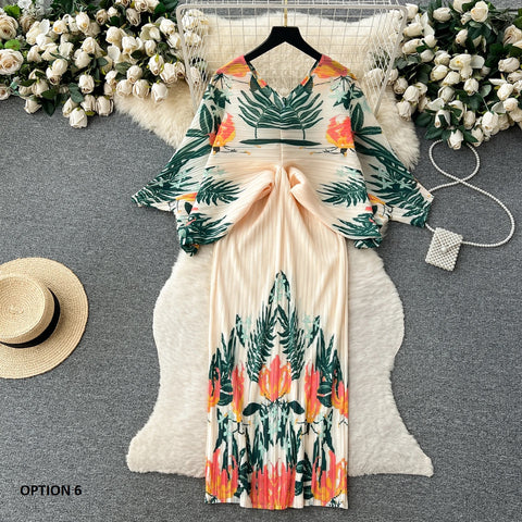 New Summer Fashion Elegant V Neck Lantern Sleeve Elastic Waist Pleated Floral Print Loose Long Dress CODE: KAR2570