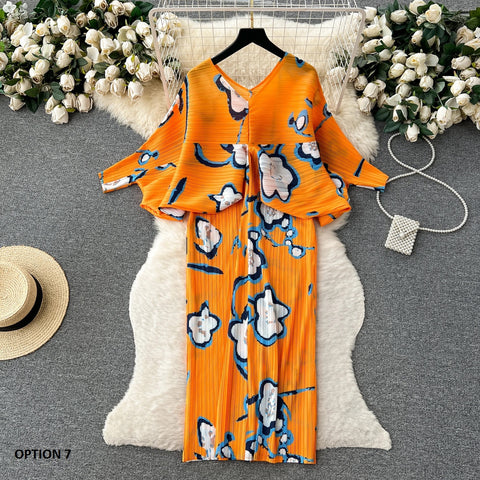 New Summer Fashion Elegant V Neck Lantern Sleeve Elastic Waist Pleated Floral Print Loose Long Dress CODE: KAR2570