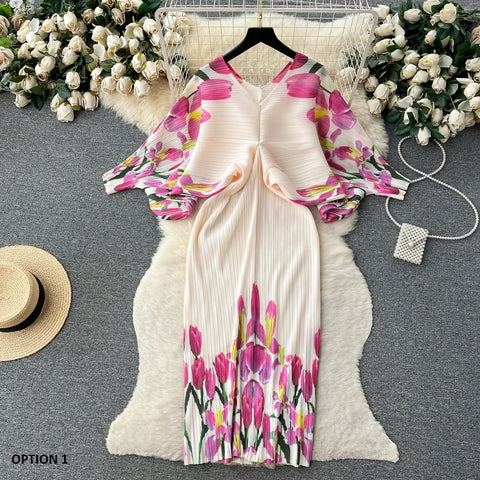 New Summer Fashion Elegant V Neck Lantern Sleeve Elastic Waist Pleated Floral Print Loose Long Dress CODE: KAR2570