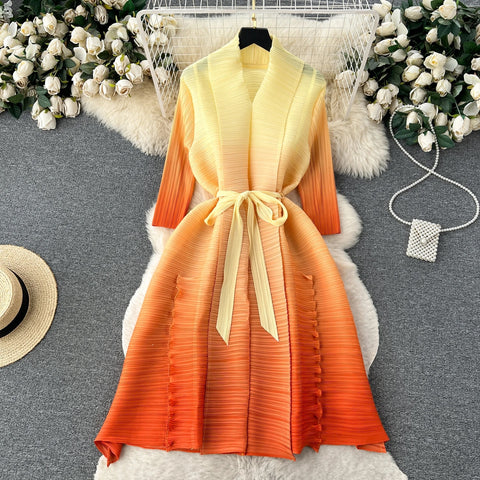 Autumn Casual V-neck Sash Tie Up Gradient Ruffled Pleated Midi Dress CODE: KAR2571