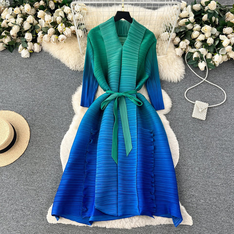 Autumn Casual V-neck Sash Tie Up Gradient Ruffled Pleated Midi Dress CODE: KAR2571