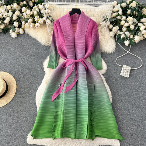 Autumn Casual V-neck Sash Tie Up Gradient Ruffled Pleated Midi Dress CODE: KAR2571