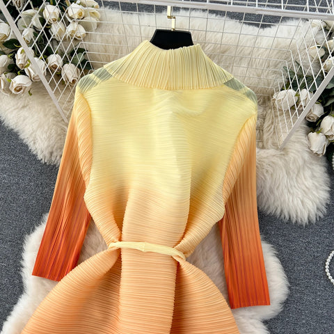 Autumn Casual V-neck Sash Tie Up Gradient Ruffled Pleated Midi Dress CODE: KAR2571