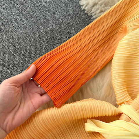 Autumn Casual V-neck Sash Tie Up Gradient Ruffled Pleated Midi Dress CODE: KAR2571