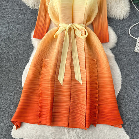 Autumn Casual V-neck Sash Tie Up Gradient Ruffled Pleated Midi Dress CODE: KAR2571