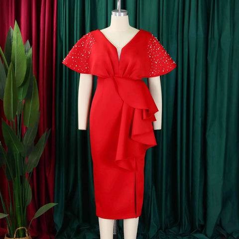 New Sexy Elegant High Waist Rhine Stone Pleated Split Fairy Slim Hip Wrap Dress CODE: KAR2572