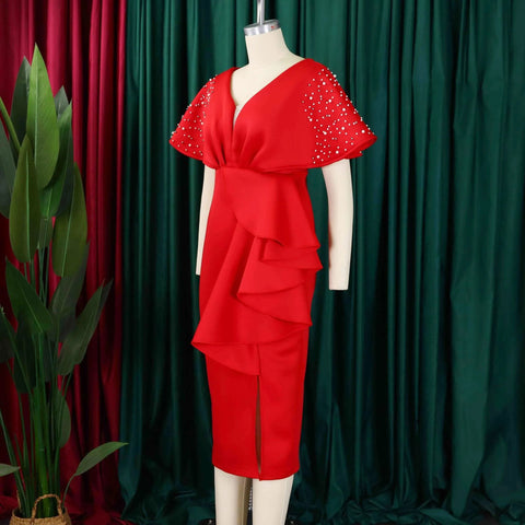 New Sexy Elegant High Waist Rhine Stone Pleated Split Fairy Slim Hip Wrap Dress CODE: KAR2572