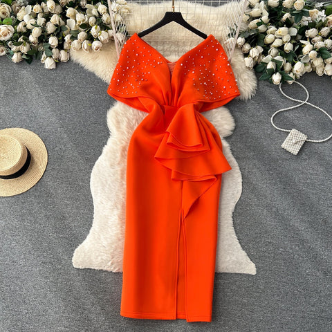 New Sexy Elegant High Waist Rhine Stone Pleated Split Fairy Slim Hip Wrap Dress CODE: KAR2572
