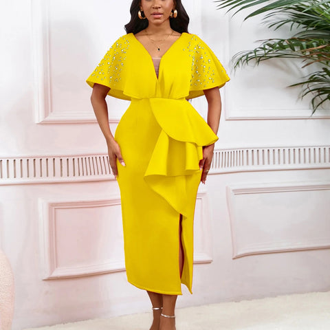 New Sexy Elegant High Waist Rhine Stone Pleated Split Fairy Slim Hip Wrap Dress CODE: KAR2572