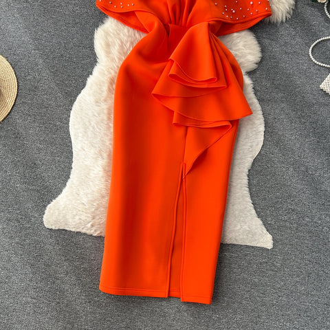 New Sexy Elegant High Waist Rhine Stone Pleated Split Fairy Slim Hip Wrap Dress CODE: KAR2572