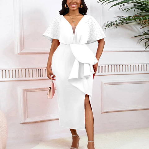 New Sexy Elegant High Waist Rhine Stone Pleated Split Fairy Slim Hip Wrap Dress CODE: KAR2572