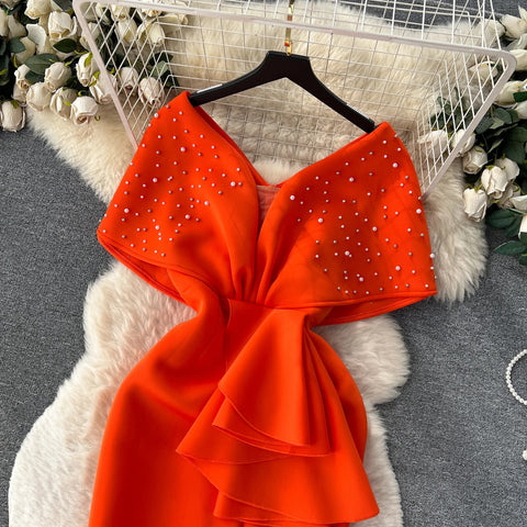 New Sexy Elegant High Waist Rhine Stone Pleated Split Fairy Slim Hip Wrap Dress CODE: KAR2572
