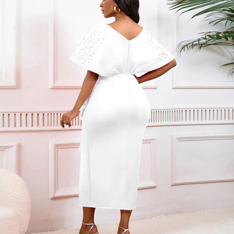 New Sexy Elegant High Waist Rhine Stone Pleated Split Fairy Slim Hip Wrap Dress CODE: KAR2572