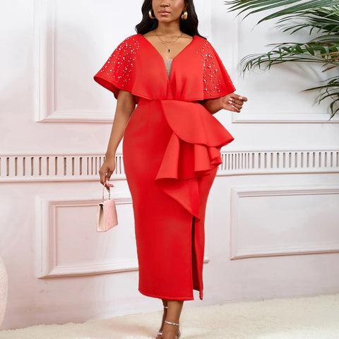 New Sexy Elegant High Waist Rhine Stone Pleated Split Fairy Slim Hip Wrap Dress CODE: KAR2572