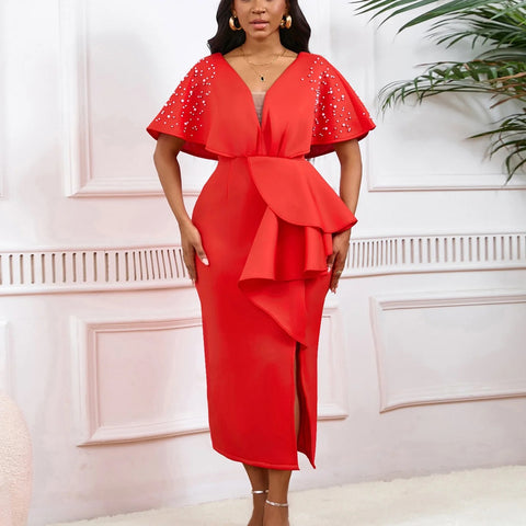 New Sexy Elegant High Waist Rhine Stone Pleated Split Fairy Slim Hip Wrap Dress CODE: KAR2572