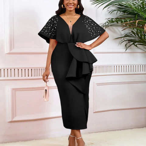 New Sexy Elegant High Waist Rhine Stone Pleated Split Fairy Slim Hip Wrap Dress CODE: KAR2572