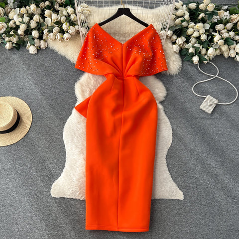 New Sexy Elegant High Waist Rhine Stone Pleated Split Fairy Slim Hip Wrap Dress CODE: KAR2572
