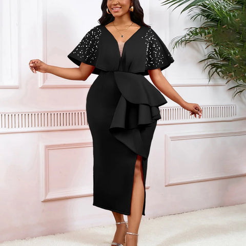 New Sexy Elegant High Waist Rhine Stone Pleated Split Fairy Slim Hip Wrap Dress CODE: KAR2572