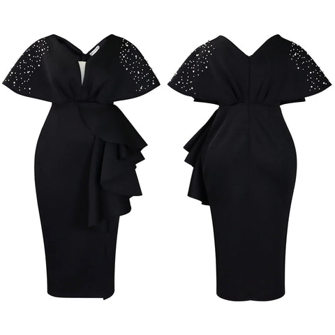 New Sexy Elegant High Waist Rhine Stone Pleated Split Fairy Slim Hip Wrap Dress CODE: KAR2572