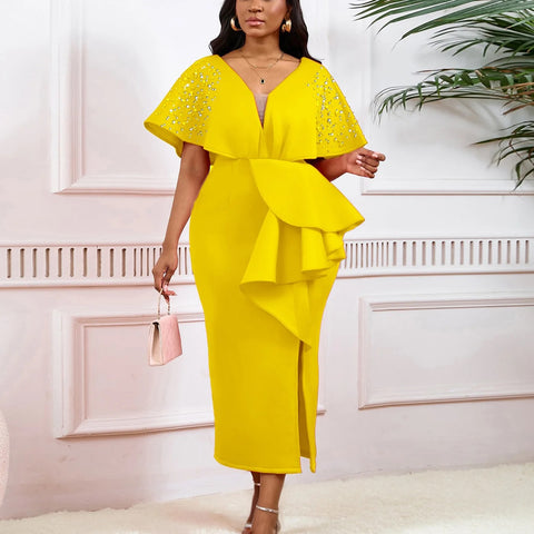 New Sexy Elegant High Waist Rhine Stone Pleated Split Fairy Slim Hip Wrap Dress CODE: KAR2572