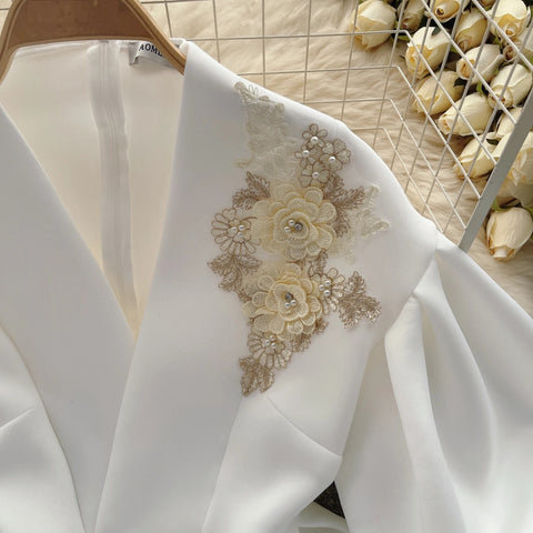 Summer V-neck Three-dimensional Flower Bubble Sleeve Top CODE: KAR2573