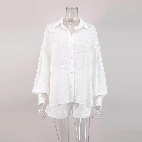 Summer Casual Fashion Lantern Sleeve Loose Shirt And Short 2 Piece Set CODE: KAR2578