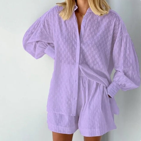 Summer Casual Fashion Lantern Sleeve Loose Shirt And Short 2 Piece Set CODE: KAR2578
