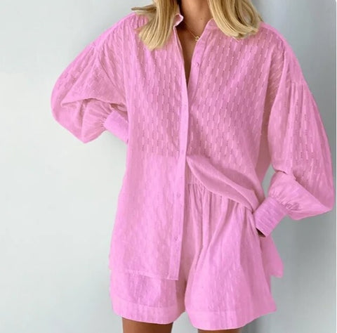 Summer Casual Fashion Lantern Sleeve Loose Shirt And Short 2 Piece Set CODE: KAR2578