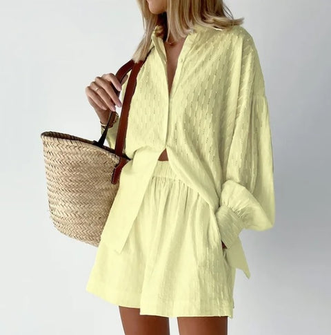 Summer Casual Fashion Lantern Sleeve Loose Shirt And Short 2 Piece Set CODE: KAR2578