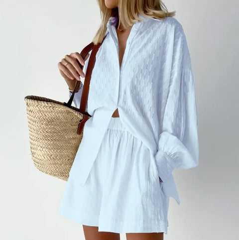 Summer Casual Fashion Lantern Sleeve Loose Shirt And Short 2 Piece Set CODE: KAR2578
