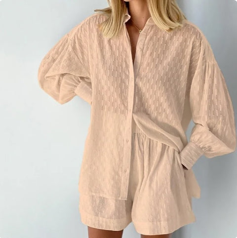 Summer Casual Fashion Lantern Sleeve Loose Shirt And Short 2 Piece Set CODE: KAR2578