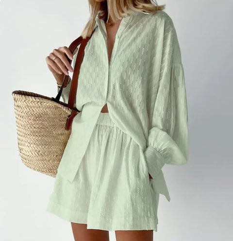 Summer Casual Fashion Lantern Sleeve Loose Shirt And Short 2 Piece Set CODE: KAR2578