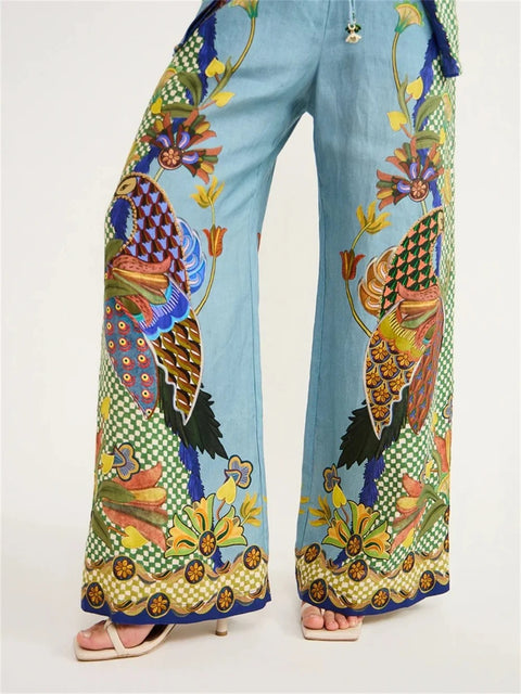 New Casual Vintage Animal Printed Loose Long Sleeve Shirt Wide Leg Pant 2 Piece Set CODE: KAR2580