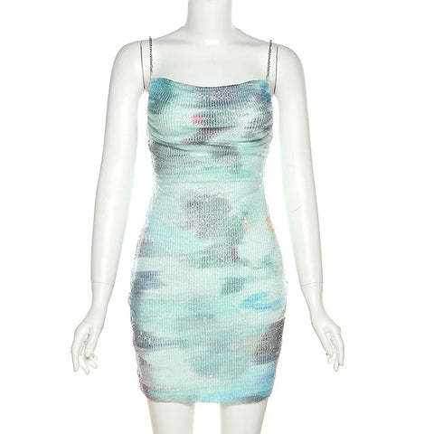 Summer Sexy Blue Print Sequin Mini Dress CODE: KAR2583