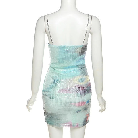 Summer Sexy Blue Print Sequin Mini Dress CODE: KAR2583